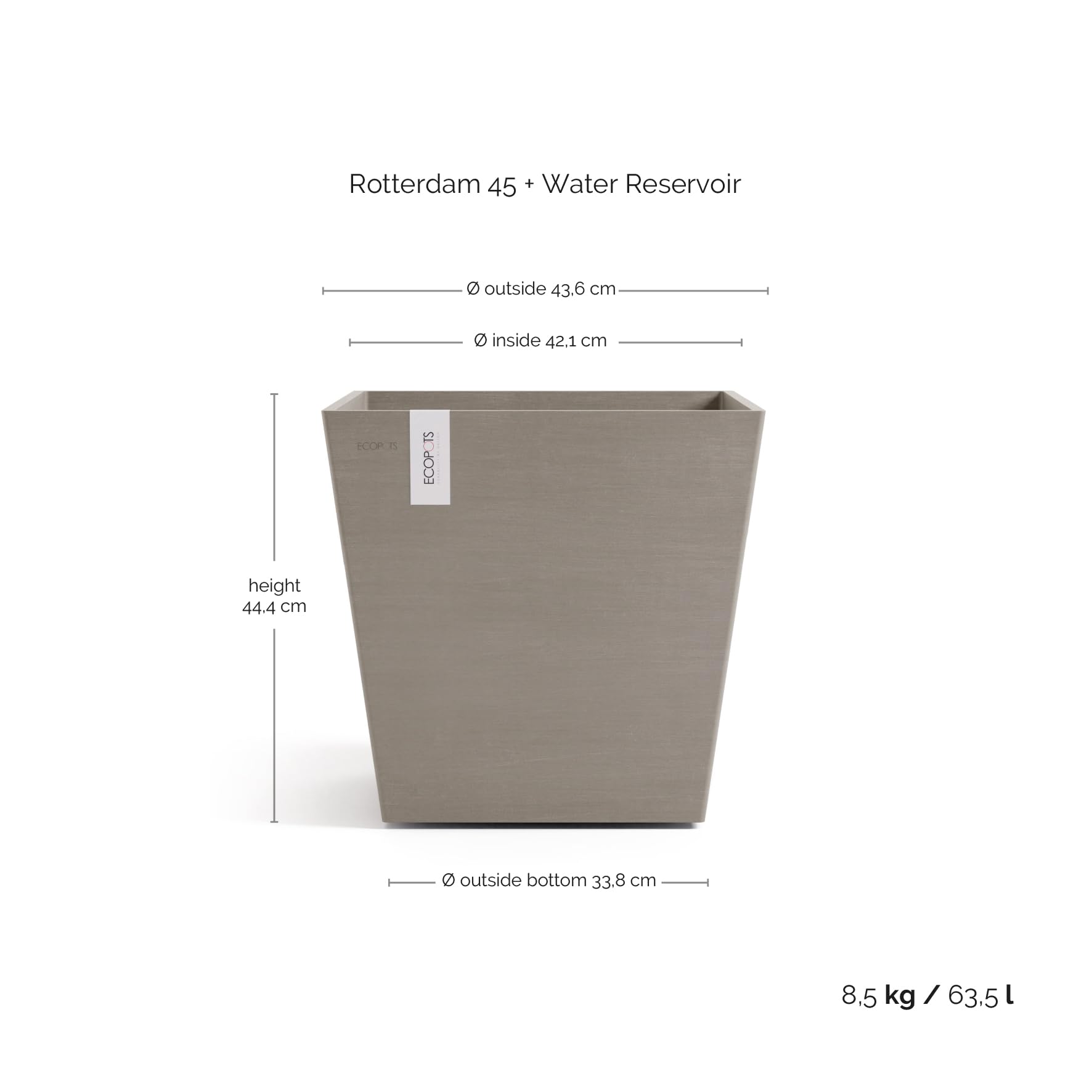 ecopots-rotterdam-45-pot-carr-taupe-avec-r-servoir-d-eau-45-4-x-45-4-x-h-44-cm-6 image 2